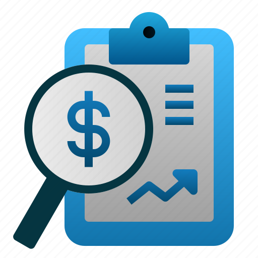 Visual representation of fundamental analysis in finance, with a clipboard, investment, and magnifying glass.