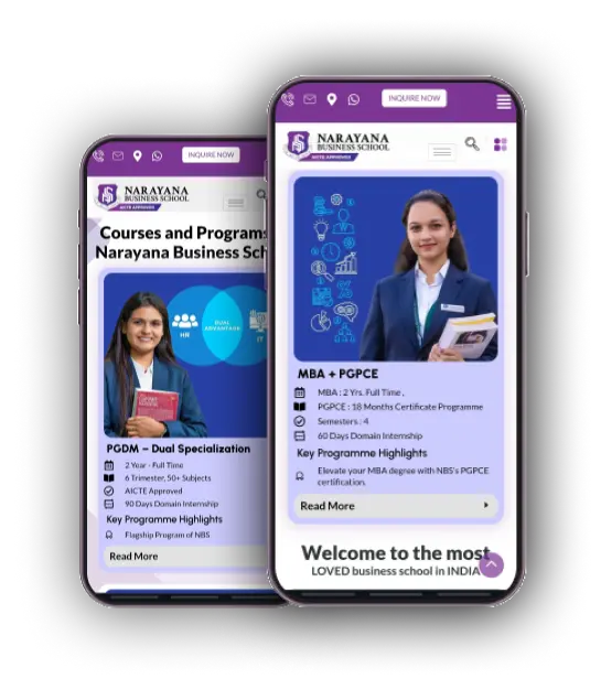 Mobile view of Narayana Business School’s MBA and PGDM programme pages, showcasing course details and student highlights from a top MBA college in Ahmedabad Gujarat.