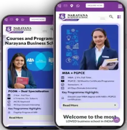Mobile view of Narayana Business School’s MBA and PGDM programme pages, showcasing course details and student highlights from a top MBA college in Ahmedabad Gujarat.